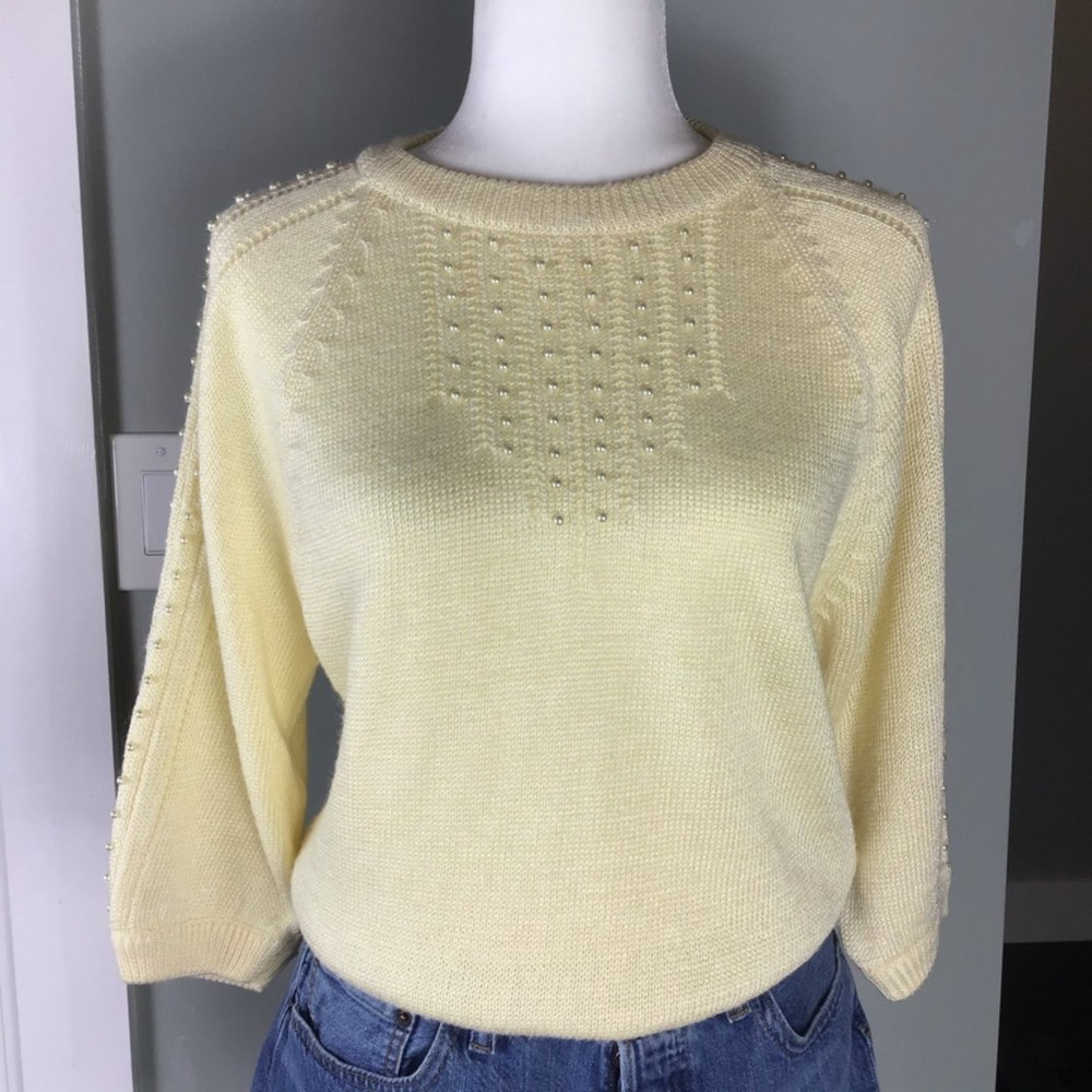 Vintage cream pearls ramie 80's sweater Albee Size M